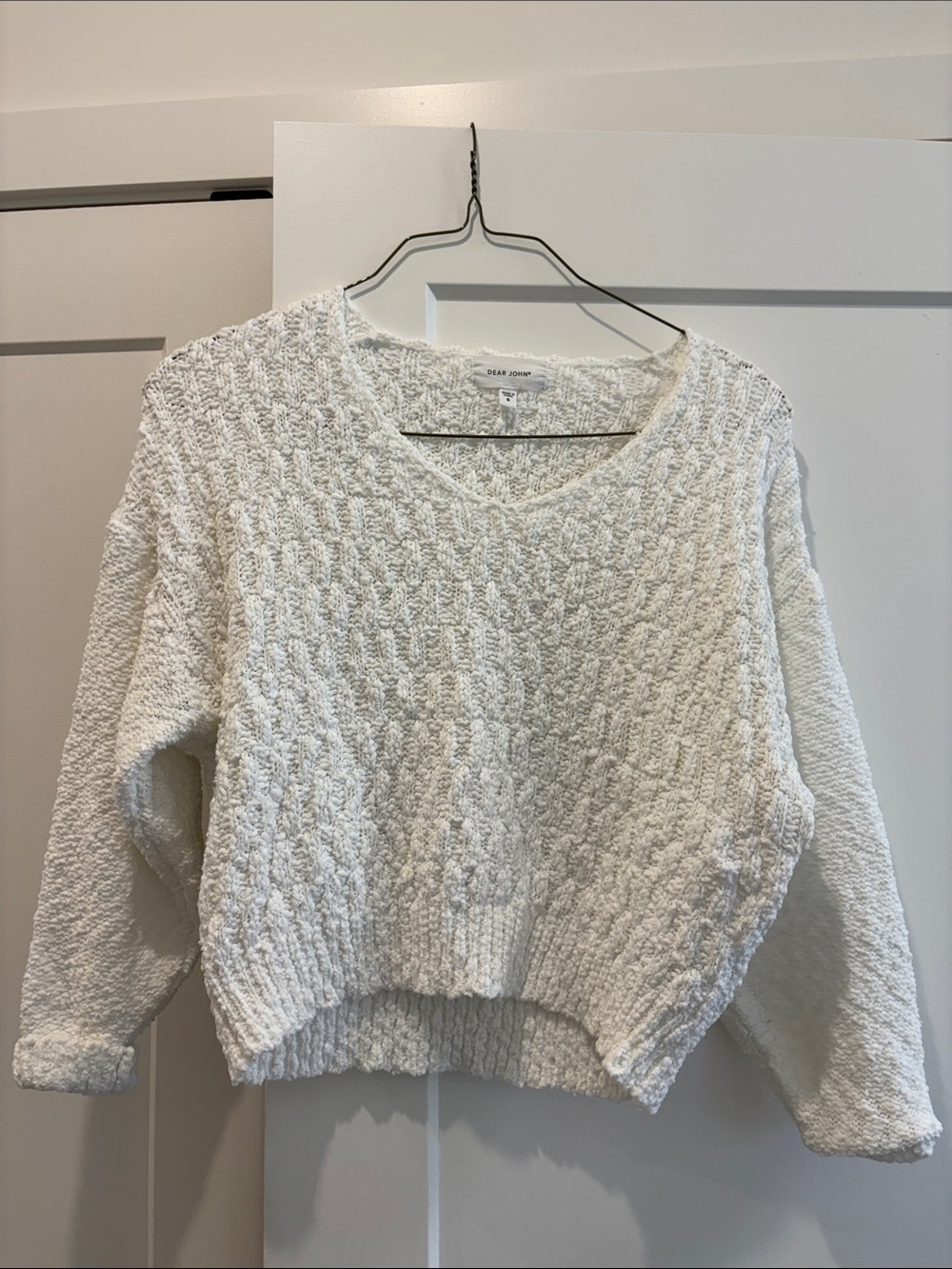 Dear John Cream Textured V-Neck Cropped Sweater